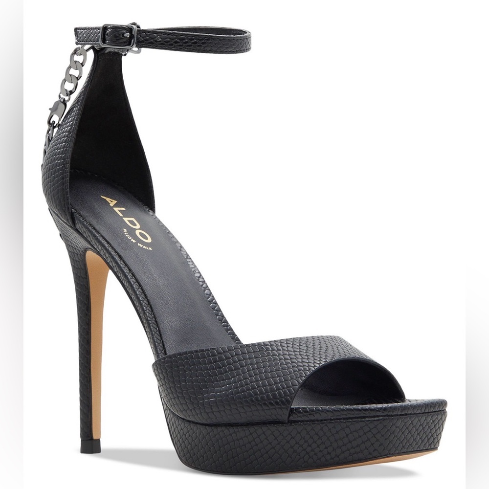 ALDO Pricilla Black Textured Platform Ankle-Strap Stiletto Sandal